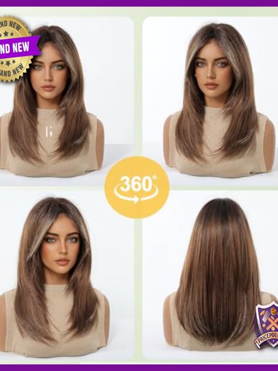 Medium Length Human Hair Wig Layered Straight Middle Part Glueless Lightweight main image 2
